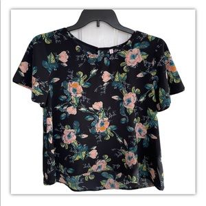 Black Floral Print Top High-Low Flutter Sleeve L